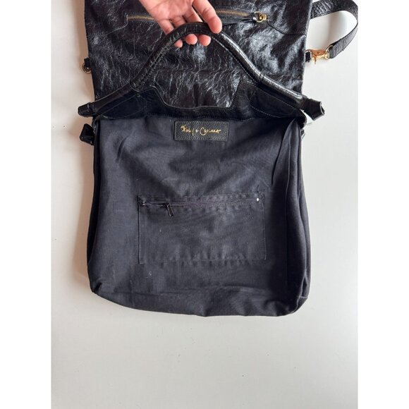 FOLEY + CORINNA Mid City Black Crinkle Leather Foldover Crossbody Bag Purse - Picture 12 of 14